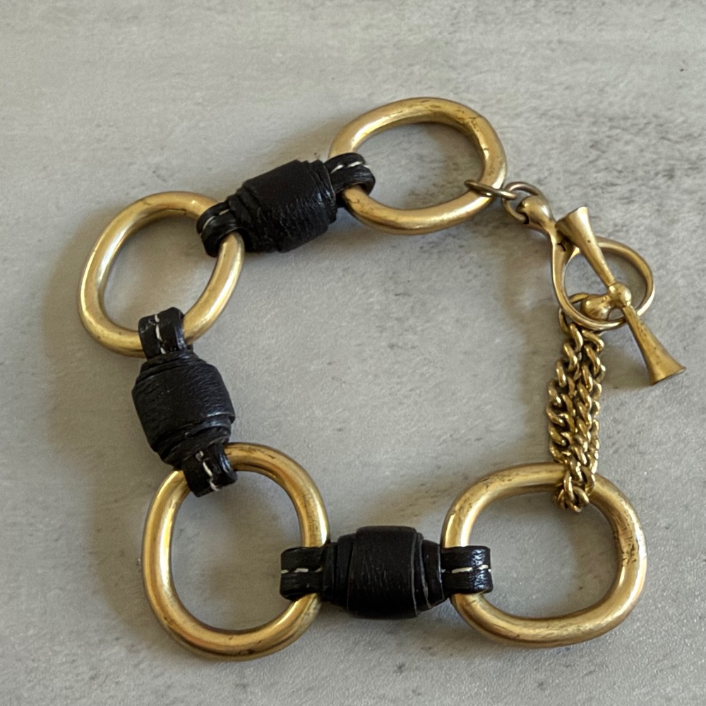 Fossil Gold Tone Oval Link Leather Wrap Toggle Bracelet Brown Gold Boho